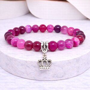 Rose Pink Agate Stone Princess Crown Charm Bracelet 8mm Beads Stretch Jewelry